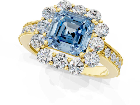 Yellow gold Fancy Blue Asscher Cut Cut Halo Diamond Pavé Engagement Ring with Milgrain Detailing_1