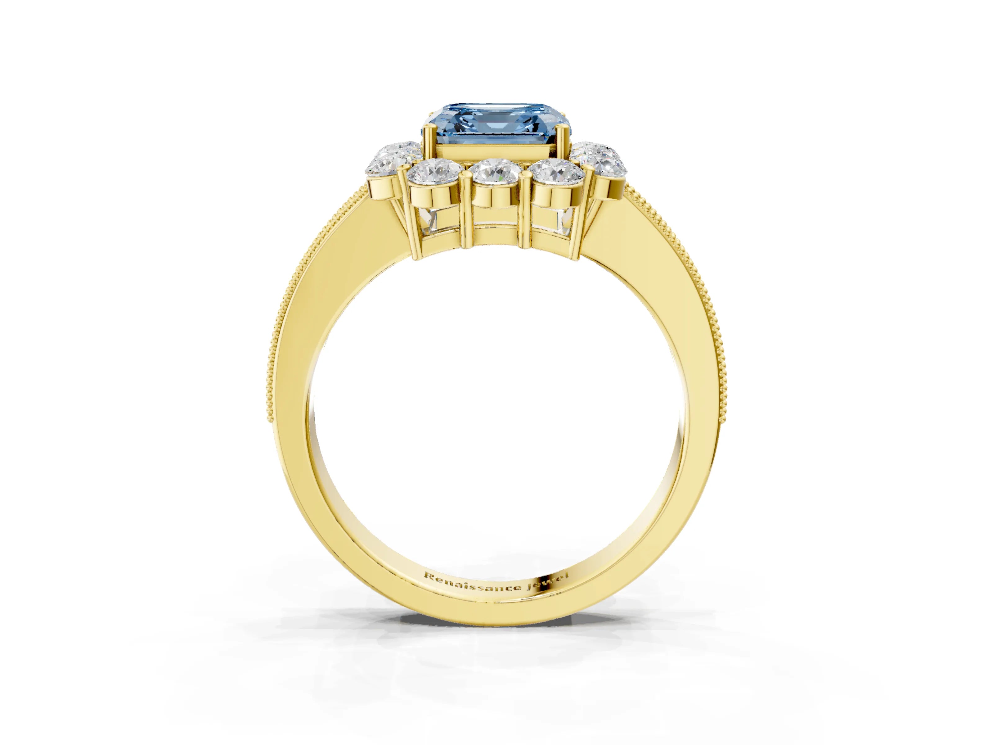 Yellow gold Fancy Blue Asscher Cut Cut Halo Diamond Pavé Engagement Ring with Milgrain Detailing_3