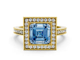 Yellow gold Fancy Blue Asscher Cut Cut Halo Pavé Diamond Ring