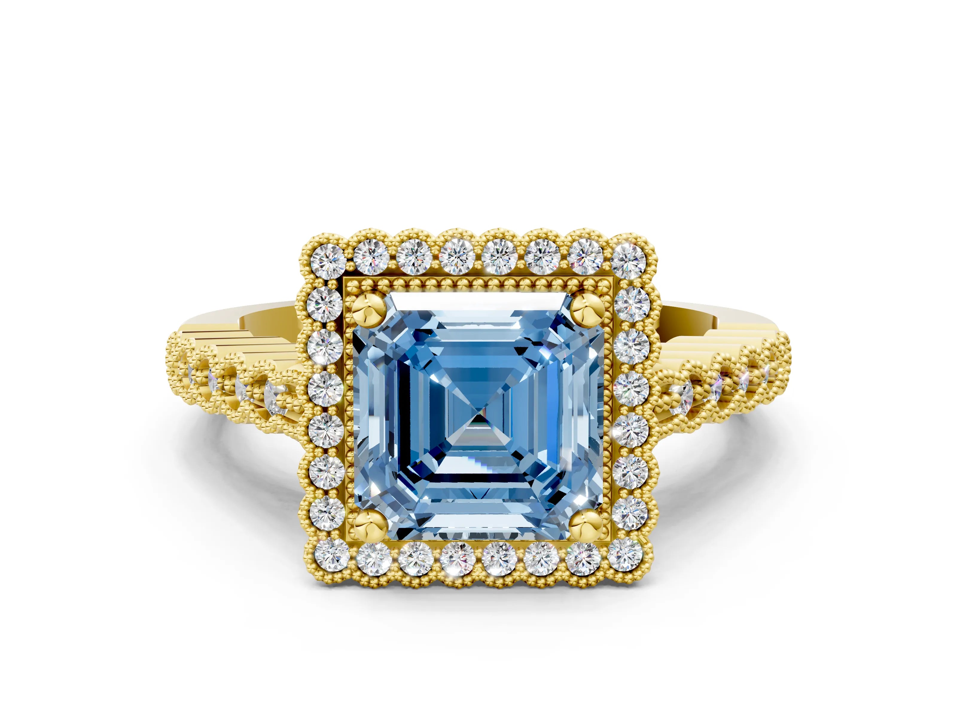 Yellow gold Fancy Blue Asscher Cut Cut Halo Pavé Solitaire Ring with Milgrain Band