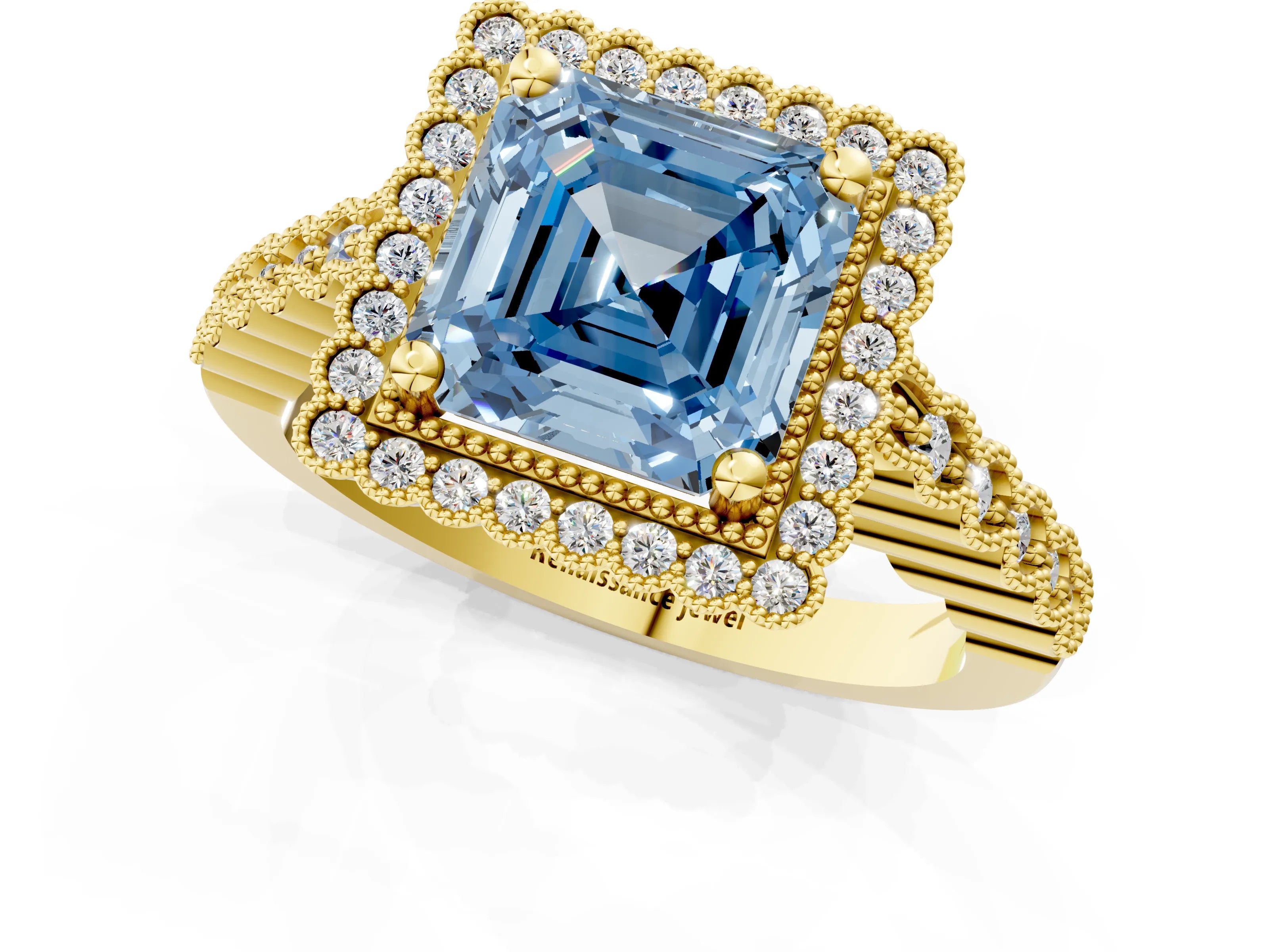 Yellow gold Fancy Blue Asscher Cut Cut Halo Pavé Solitaire Ring with Milgrain Band_1