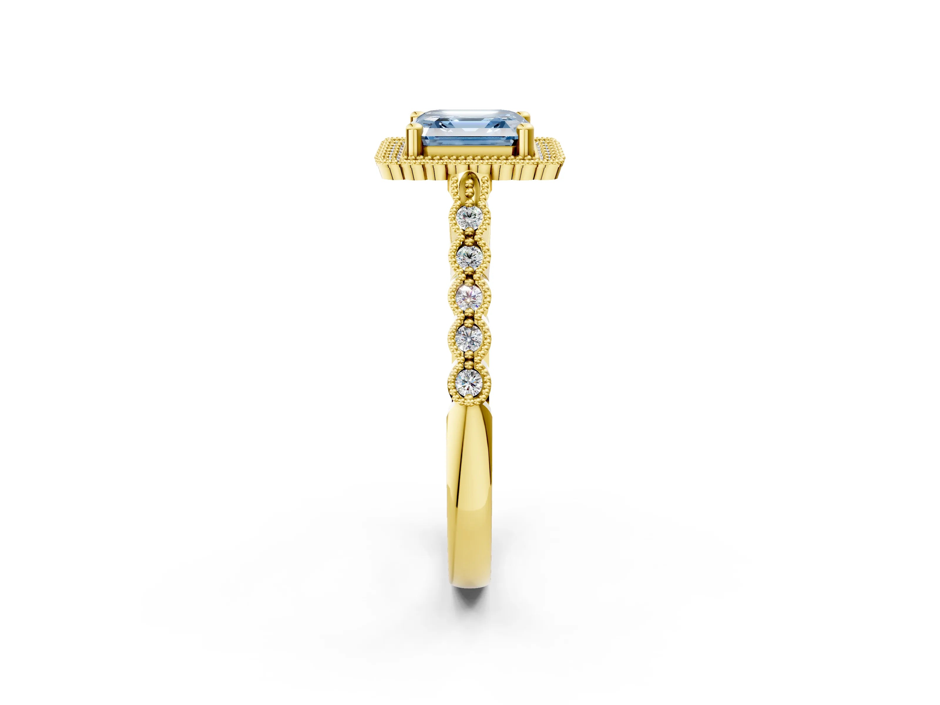 Yellow gold Fancy Blue Asscher Cut Cut Halo Pavé Solitaire Ring with Milgrain Band_2