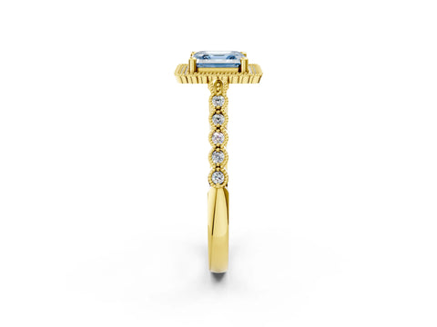 Yellow gold Fancy Blue Asscher Cut Cut Halo Pavé Solitaire Ring with Milgrain Band_2