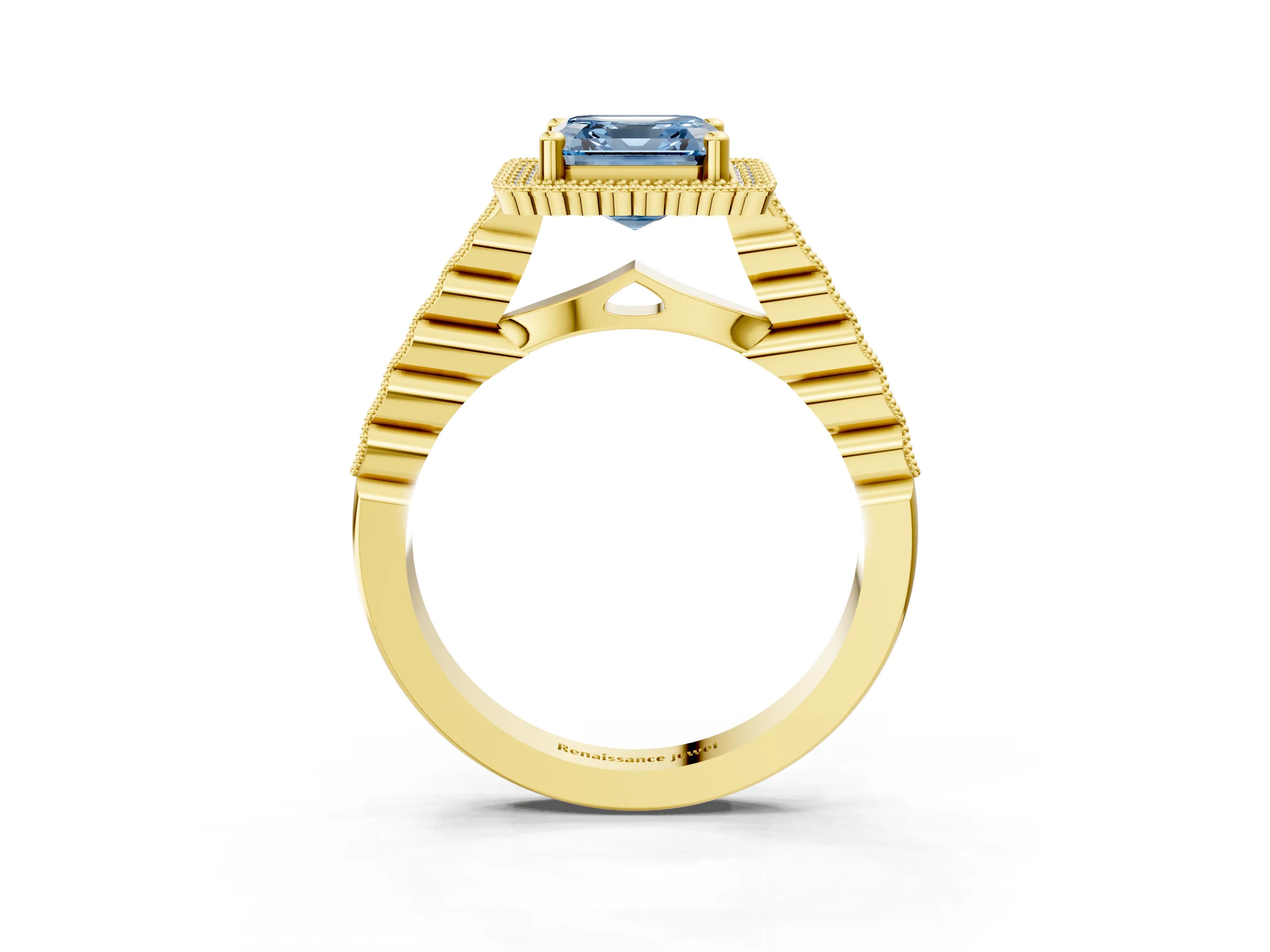 Yellow gold Fancy Blue Asscher Cut Cut Halo Pavé Solitaire Ring with Milgrain Band_3