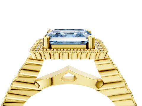 Yellow gold Fancy Blue Asscher Cut Cut Halo Pavé Solitaire Ring with Milgrain Band_4