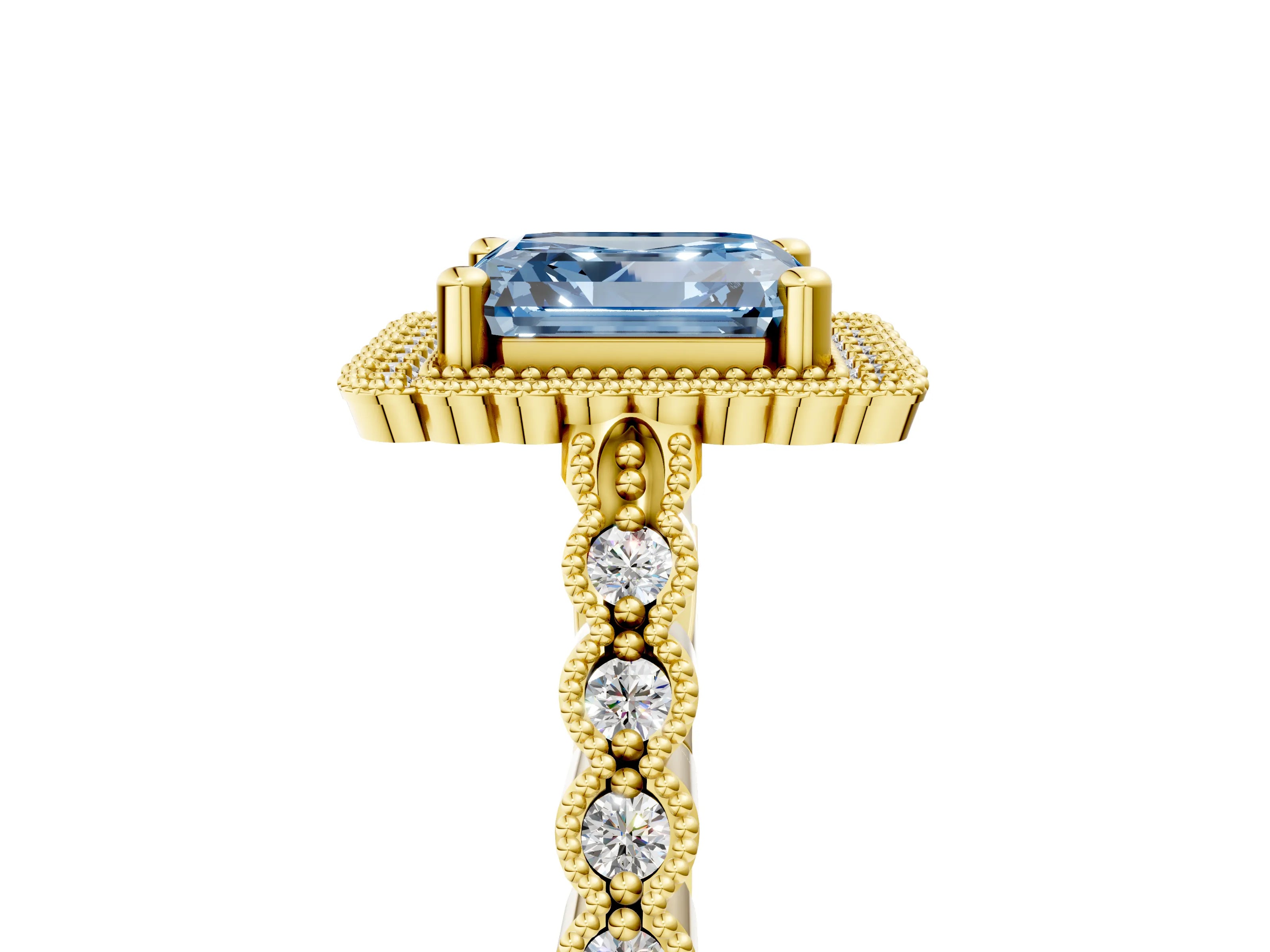 Yellow gold Fancy Blue Asscher Cut Cut Halo Pavé Solitaire Ring with Milgrain Band_5