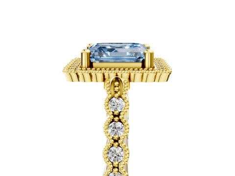 Yellow gold Fancy Blue Asscher Cut Cut Halo Pavé Solitaire Ring with Milgrain Band_5