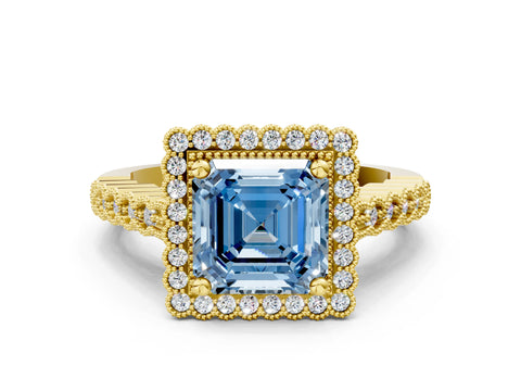 Yellow gold Fancy Blue Asscher Cut Cut Halo Pavé Solitaire Ring with Milgrain Band
