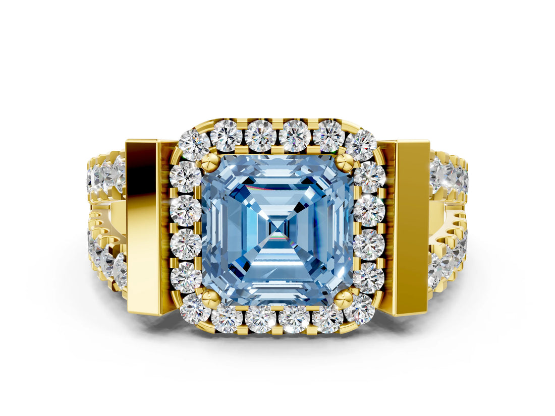 Yellow gold Fancy Blue Asscher Cut Cut Halo Split Shank Prong Set Ring
