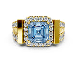 Yellow gold Fancy Blue Asscher Cut Cut Halo Split Shank Prong Set Ring
