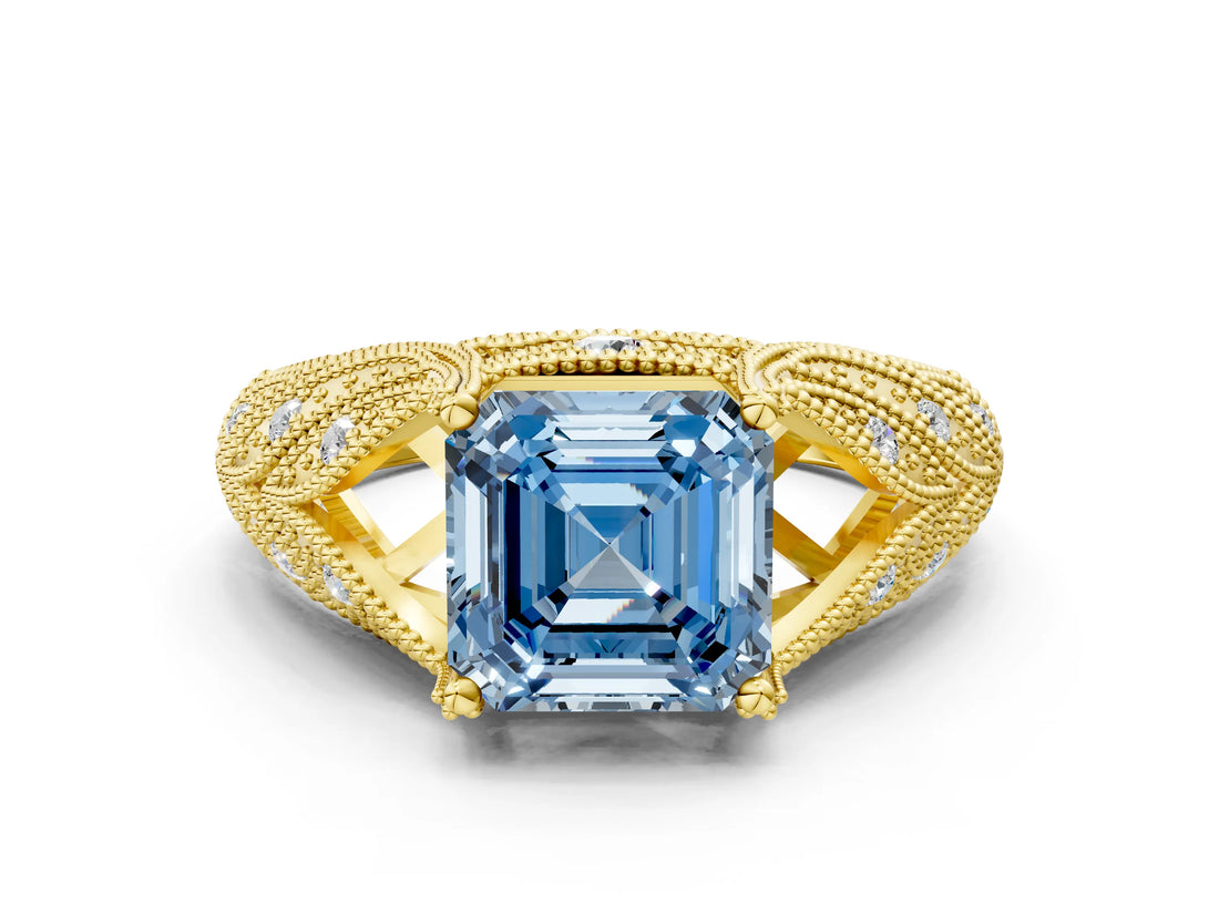 Yellow gold Fancy Blue Asscher Cut Cut Milgrain Pave Diamond Engagement Ring with Four-Prong Setting_15