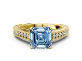 Yellow gold Fancy Blue Asscher Cut Cut Pave Band Milgrain Solitaire Ring