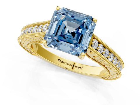 Yellow gold Fancy Blue Asscher Cut Cut Pave Band Milgrain Solitaire Ring_1