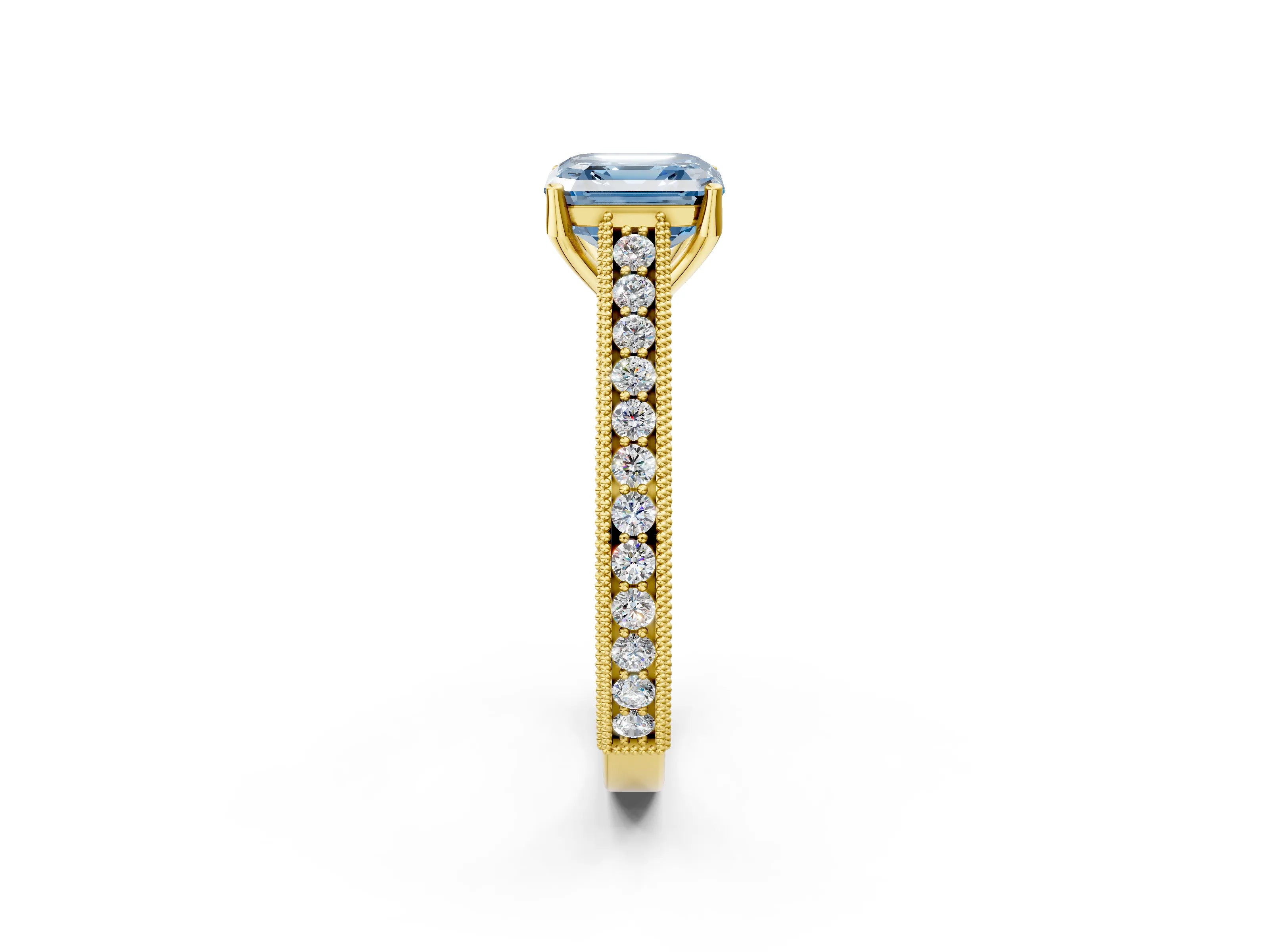 Yellow gold Fancy Blue Asscher Cut Cut Pave Band Milgrain Solitaire Ring_2
