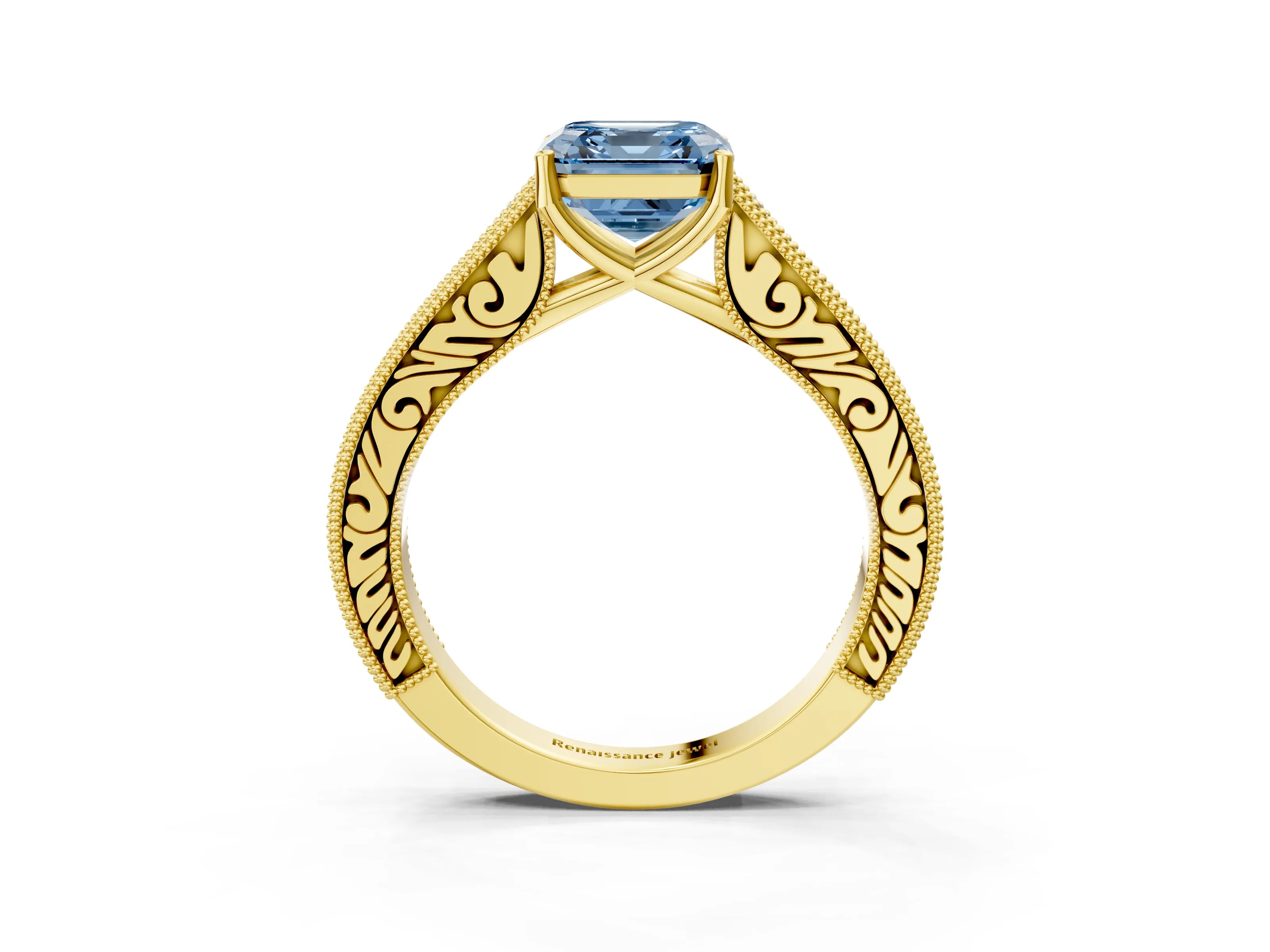 Yellow gold Fancy Blue Asscher Cut Cut Pave Band Milgrain Solitaire Ring_3