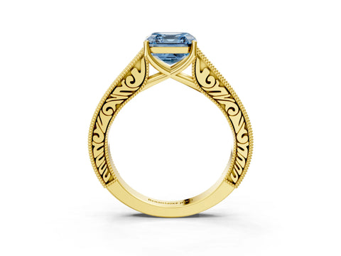Yellow gold Fancy Blue Asscher Cut Cut Pave Band Milgrain Solitaire Ring_3