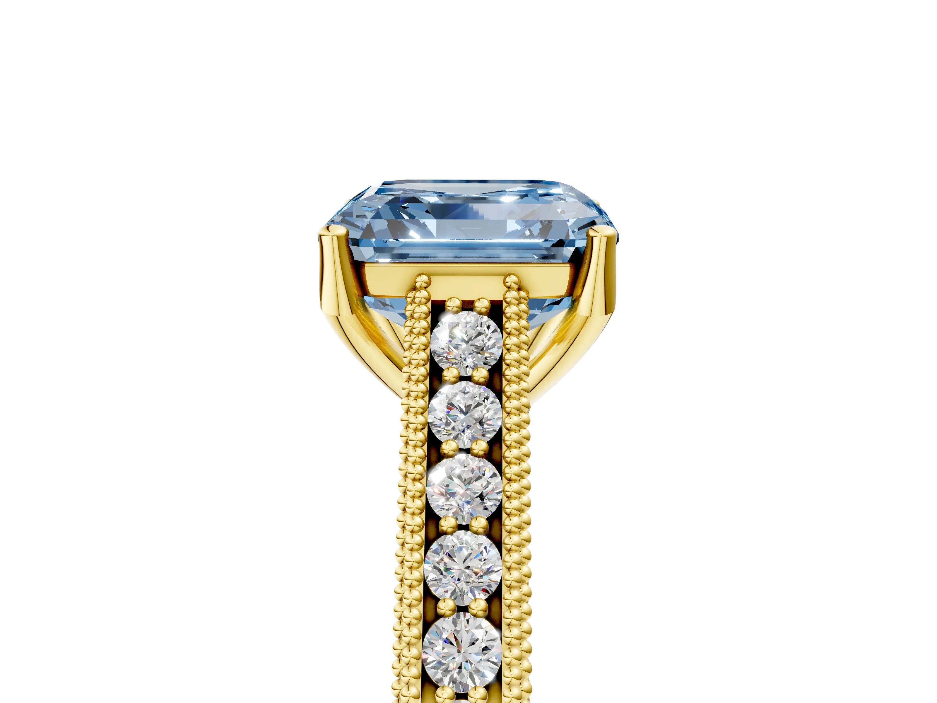 Yellow gold Fancy Blue Asscher Cut Cut Pave Band Milgrain Solitaire Ring_5