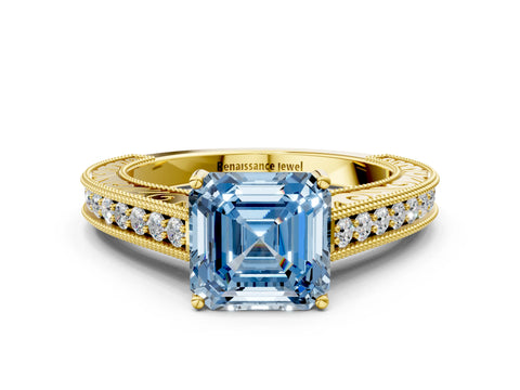 Yellow gold Fancy Blue Asscher Cut Cut Pave Band Milgrain Solitaire Ring