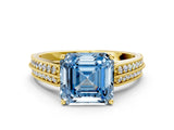 Yellow gold Fancy Blue Asscher Cut Cut Pave Split Shank Engagement Ring with Four-Prong Setting