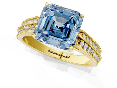 Yellow gold Fancy Blue Asscher Cut Cut Pave Split Shank Engagement Ring with Four-Prong Setting_1