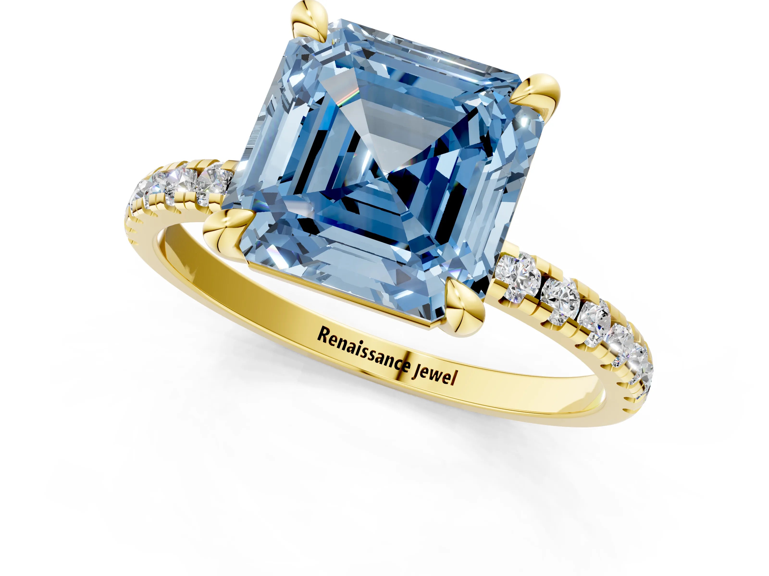 Yellow gold Fancy Blue Asscher Cut Diamond Brilliant Solitaire Ring with Pavé Band and Four-Prong Setting_1