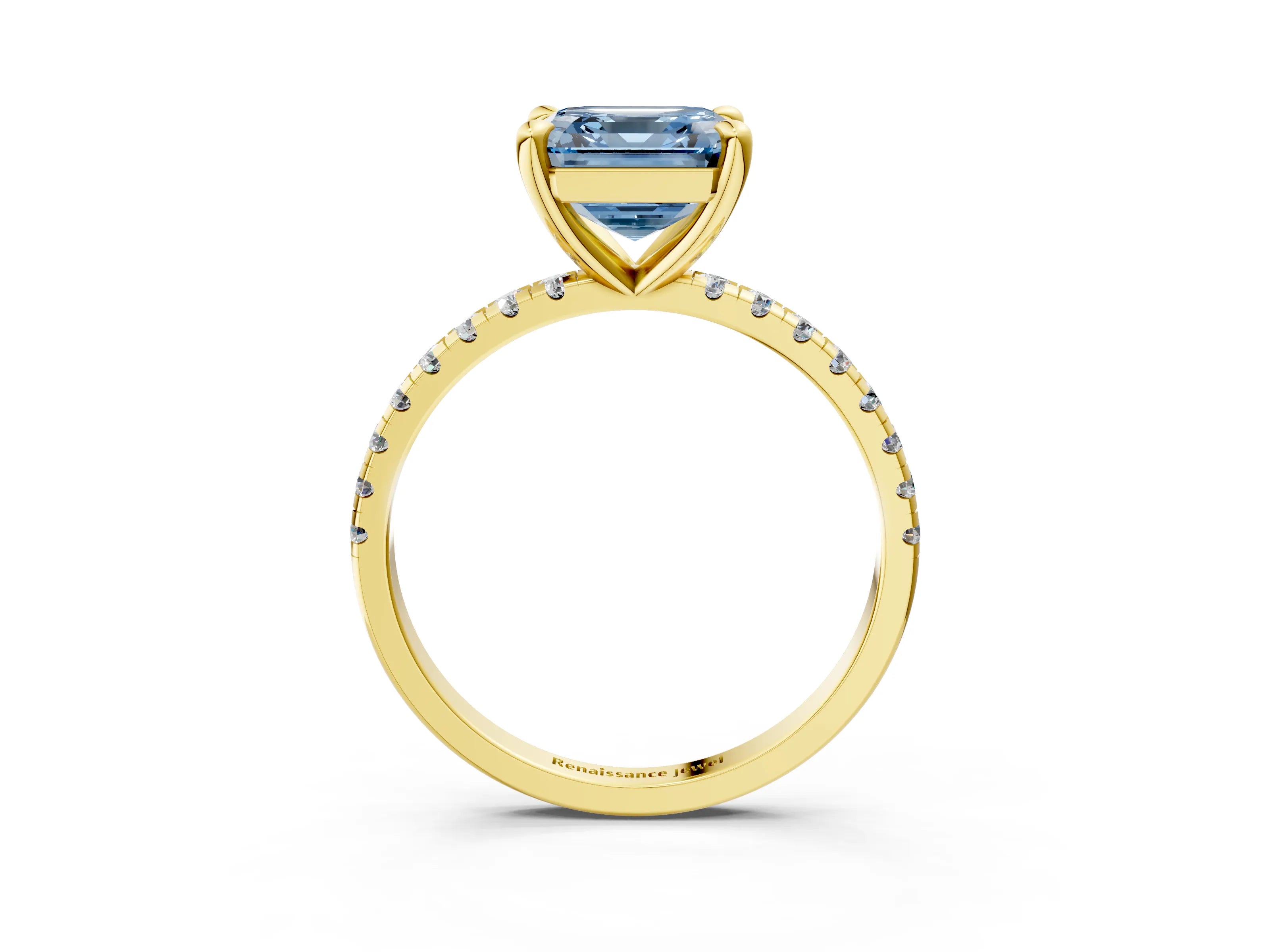 Yellow gold Fancy Blue Asscher Cut Diamond Brilliant Solitaire Ring with Pavé Band and Four-Prong Setting_3