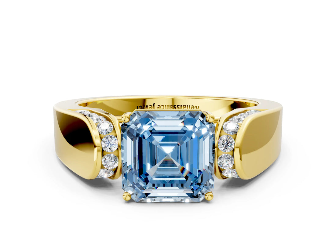 Yellow gold Fancy Blue Asscher Cut Diamond Channel Set Solitaire Ring with Four-Prong Setting_12