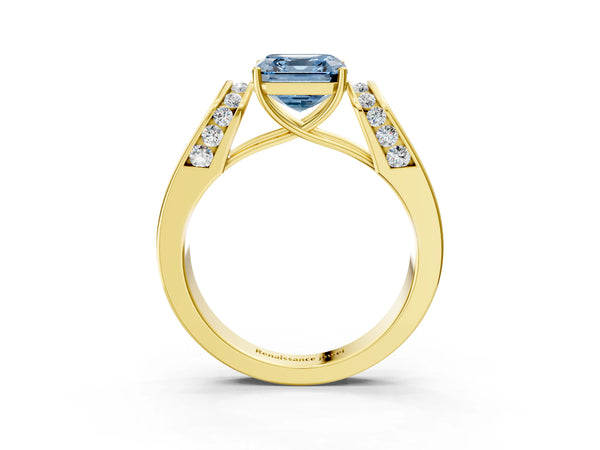 Yellow Gold Asscher Cut Channel Set Engagement Ring Setting for Fancy Blue Center with Wide Band