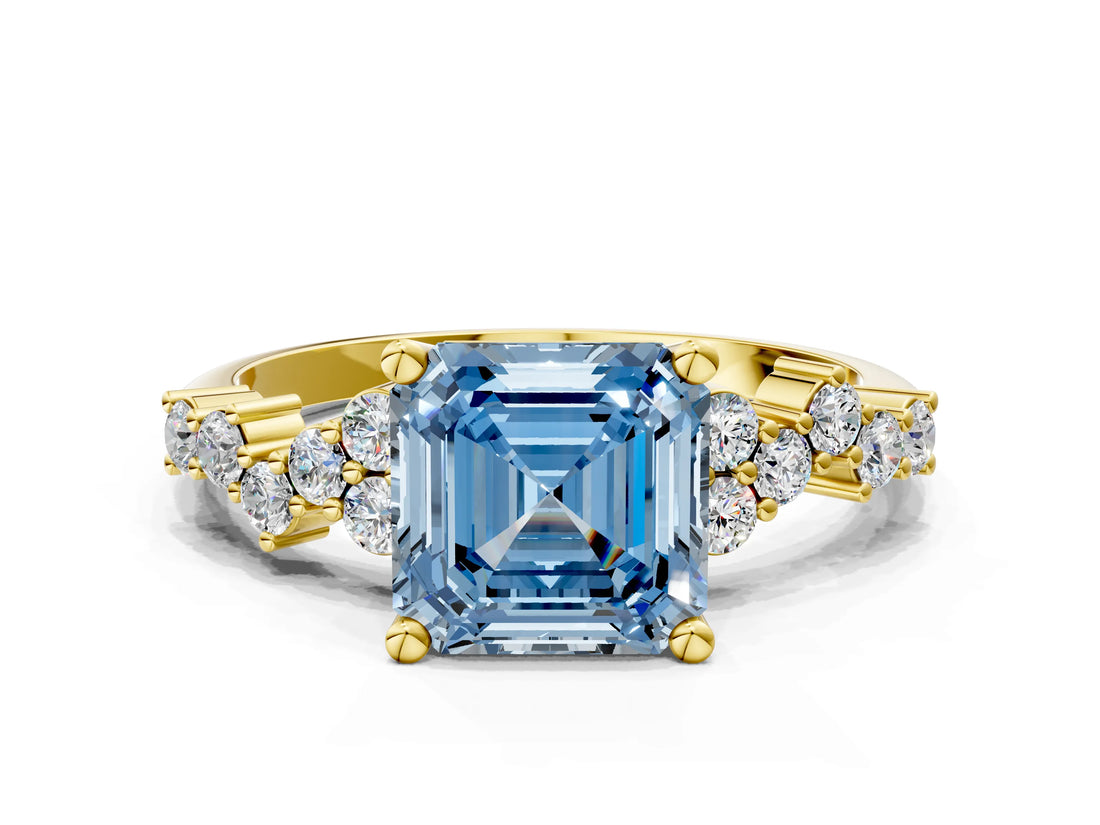Yellow gold Fancy Blue Asscher Cut Diamond Cluster Pavé Band with Four-Prong Setting_3