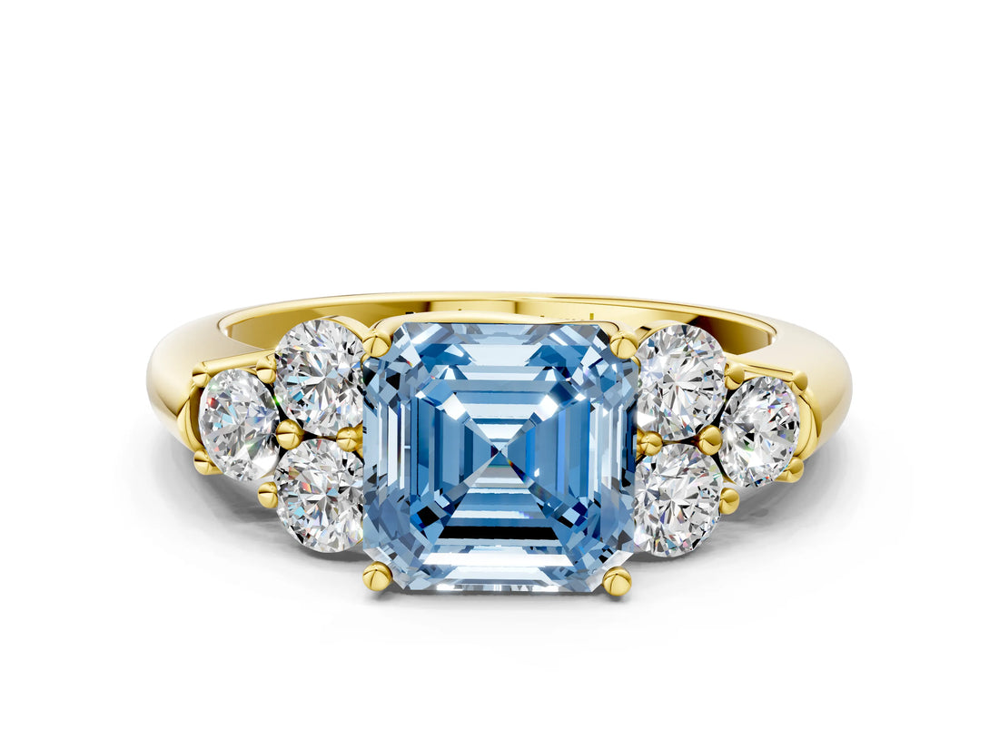 Yellow gold Fancy Blue Asscher  Cut Diamond Cluster Ring with Round Accent Stones and Prong Setting on a Classic Band_45