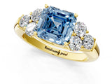 Yellow gold Fancy Blue Asscher  Cut Diamond Cluster Ring with Round Accent Stones and Prong Setting on a Classic Band_46