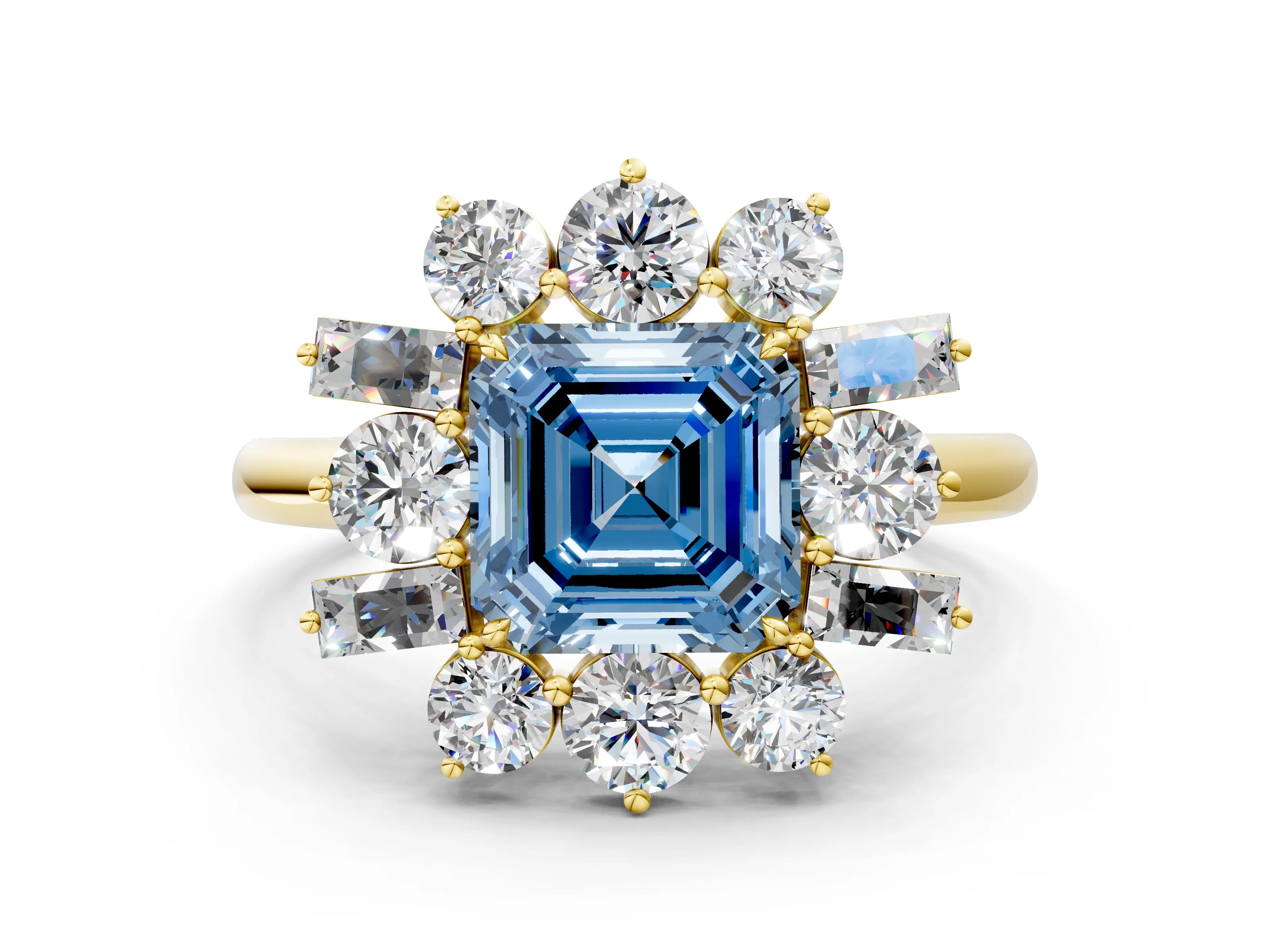 Yellow gold Fancy Blue Asscher Cut Diamond Cluster Ring with Round and Baguette Stones, Split Shank Band, Prong Setting
