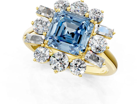 Yellow gold Fancy Blue Asscher Cut Diamond Cluster Ring with Round and Baguette Stones, Split Shank Band, Prong Setting_1