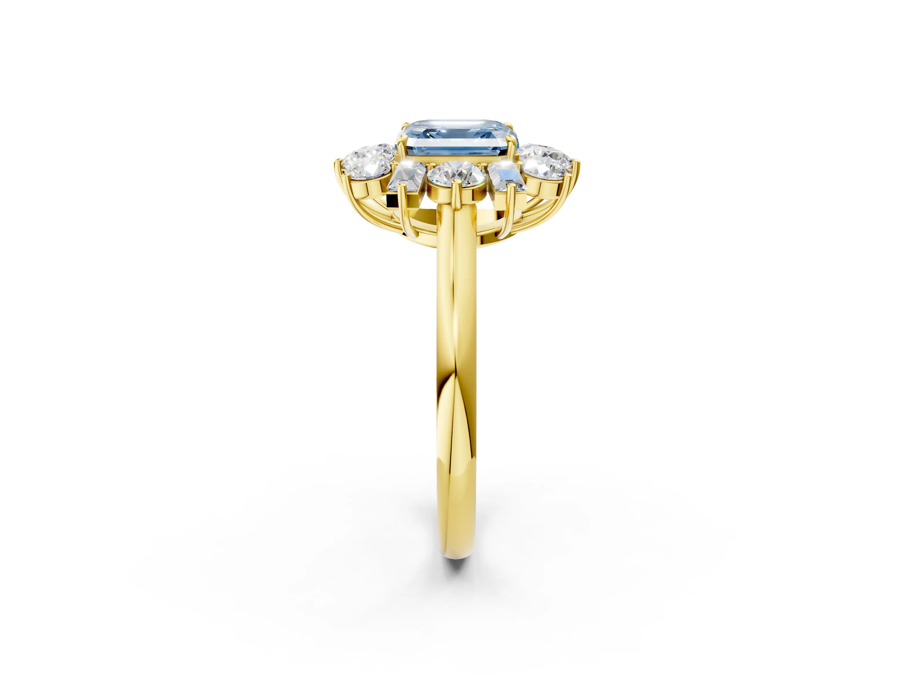 Yellow gold Fancy Blue Asscher Cut Diamond Cluster Ring with Round and Baguette Stones, Split Shank Band, Prong Setting_2
