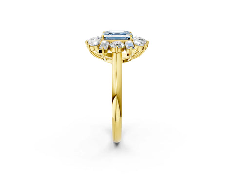 Yellow gold Fancy Blue Asscher Cut Diamond Cluster Ring with Round and Baguette Stones, Split Shank Band, Prong Setting_2
