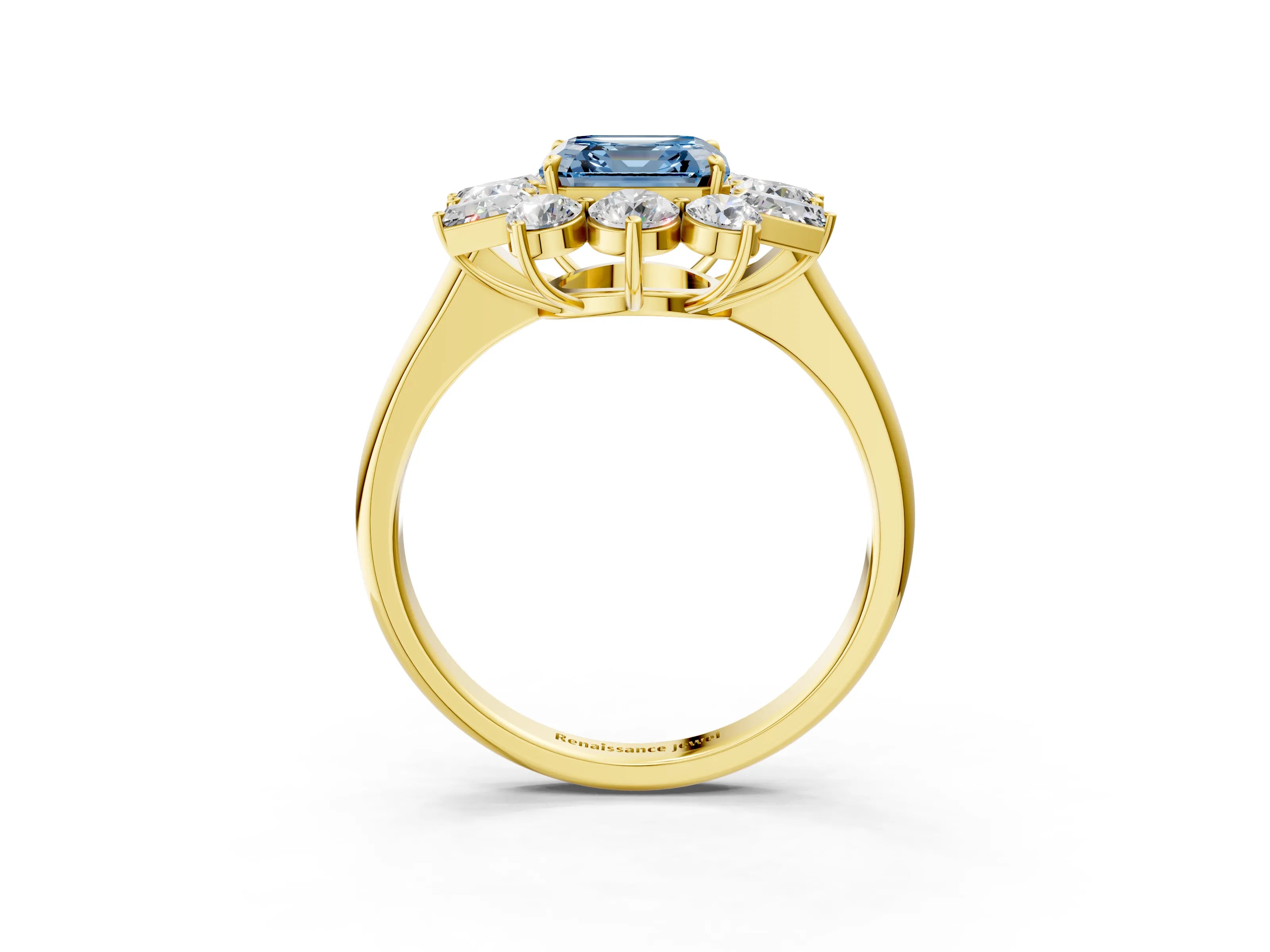 Yellow gold Fancy Blue Asscher Cut Diamond Cluster Ring with Round and Baguette Stones, Split Shank Band, Prong Setting_3