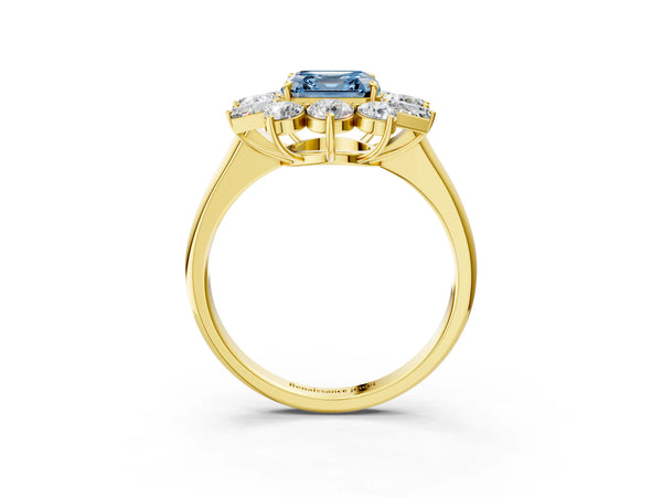 Yellow gold Fancy Blue Asscher Cut Diamond Cluster Ring with Round and Baguette Stones, Split Shank Band, Prong Setting