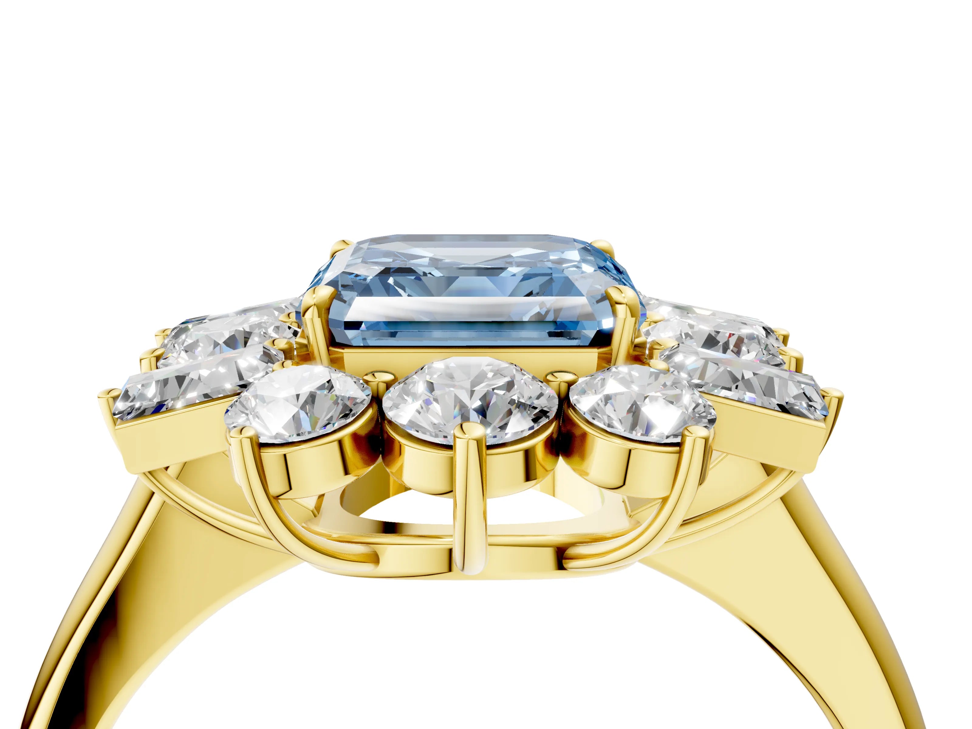 Yellow gold Fancy Blue Asscher Cut Diamond Cluster Ring with Round and Baguette Stones, Split Shank Band, Prong Setting_4