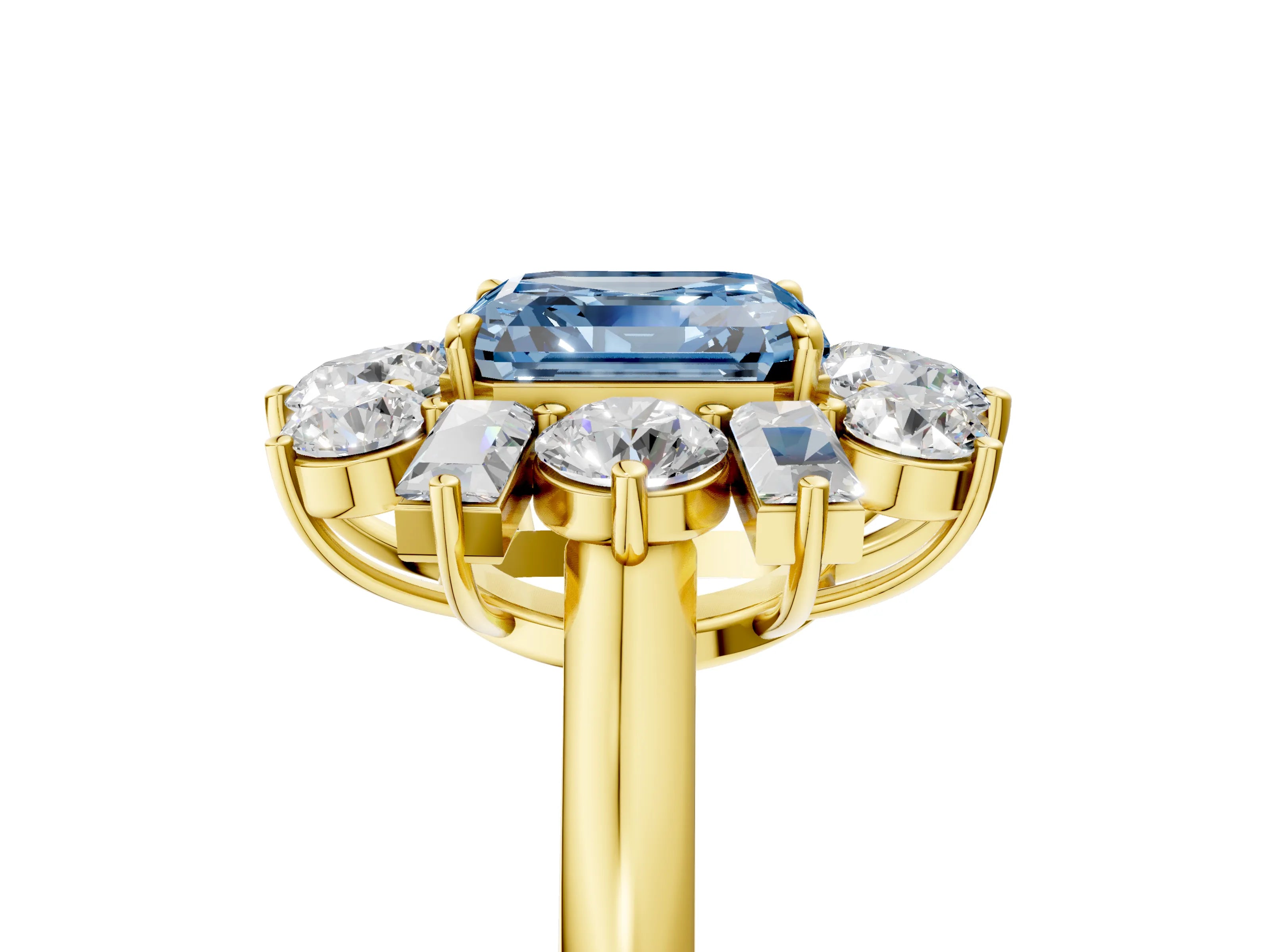 Yellow gold Fancy Blue Asscher Cut Diamond Cluster Ring with Round and Baguette Stones, Split Shank Band, Prong Setting_5