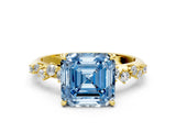 Yellow gold Fancy Blue Asscher Cut Diamond Cluster Side Stone Solitaire Ring with Prong Setting_63