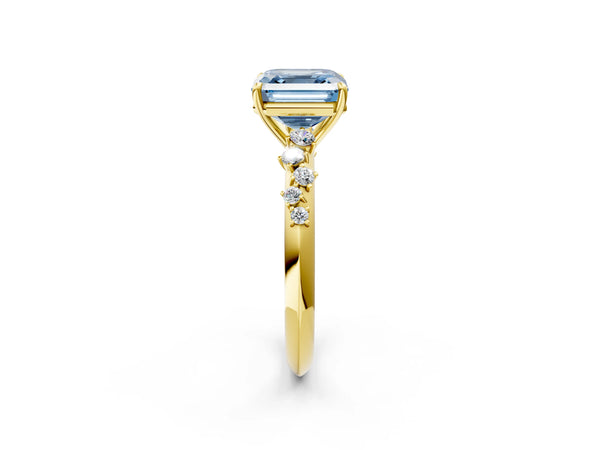 Yellow Gold Asscher Cut Graduated Cluster Engagement Ring Setting for Fancy Blue Center