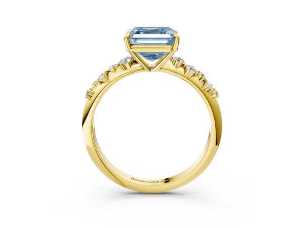 Yellow Gold Asscher Cut Graduated Cluster Engagement Ring Setting for Fancy Blue Center