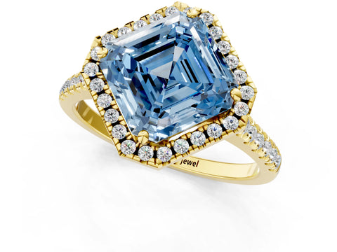 Yellow gold Fancy Blue Asscher Cut Diamond Cushion Halo Ring with Pavé Band_1