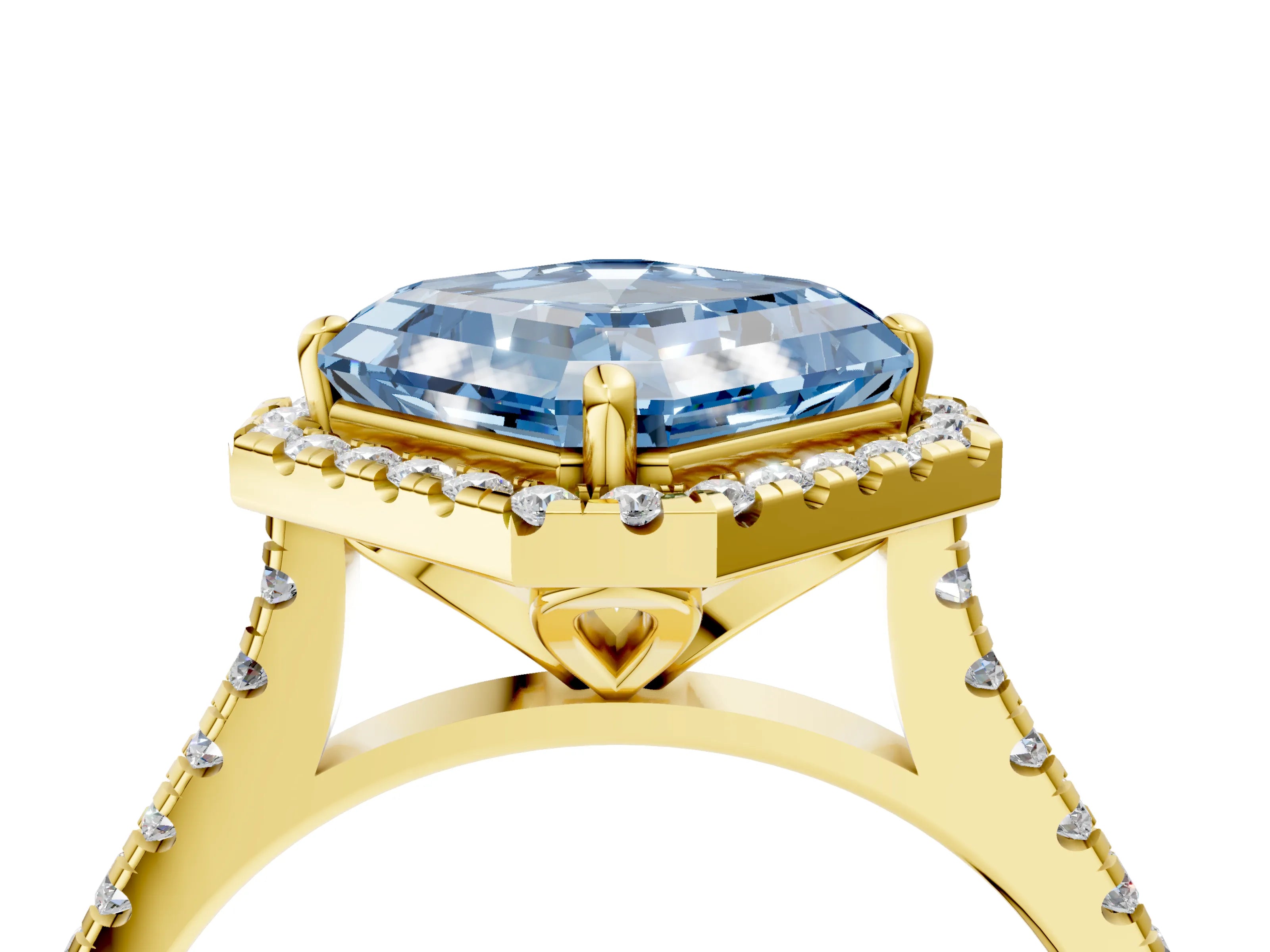 Yellow gold Fancy Blue Asscher Cut Diamond Cushion Halo Ring with Pavé Band_4
