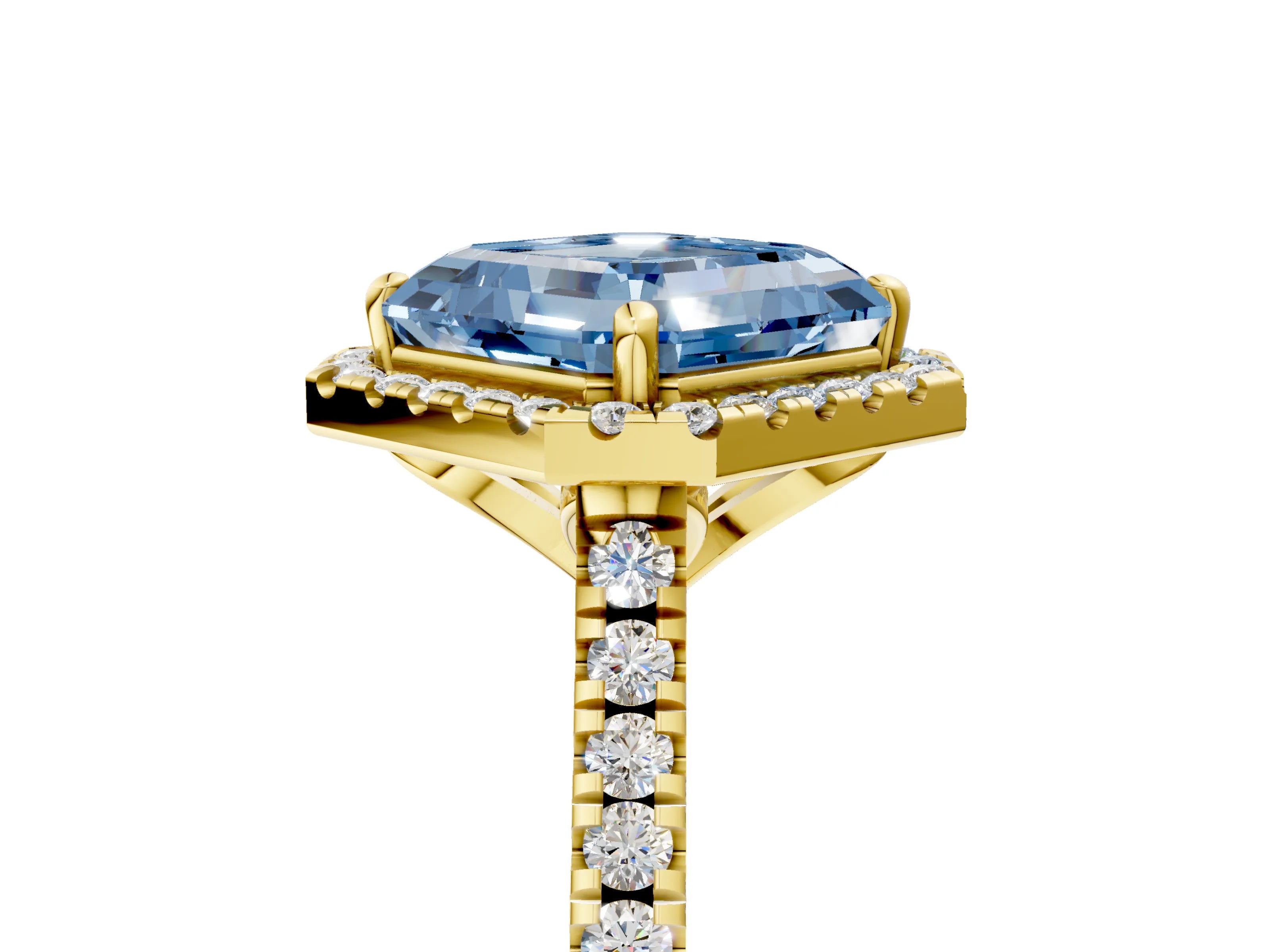 Yellow gold Fancy Blue Asscher Cut Diamond Cushion Halo Ring with Pavé Band_5