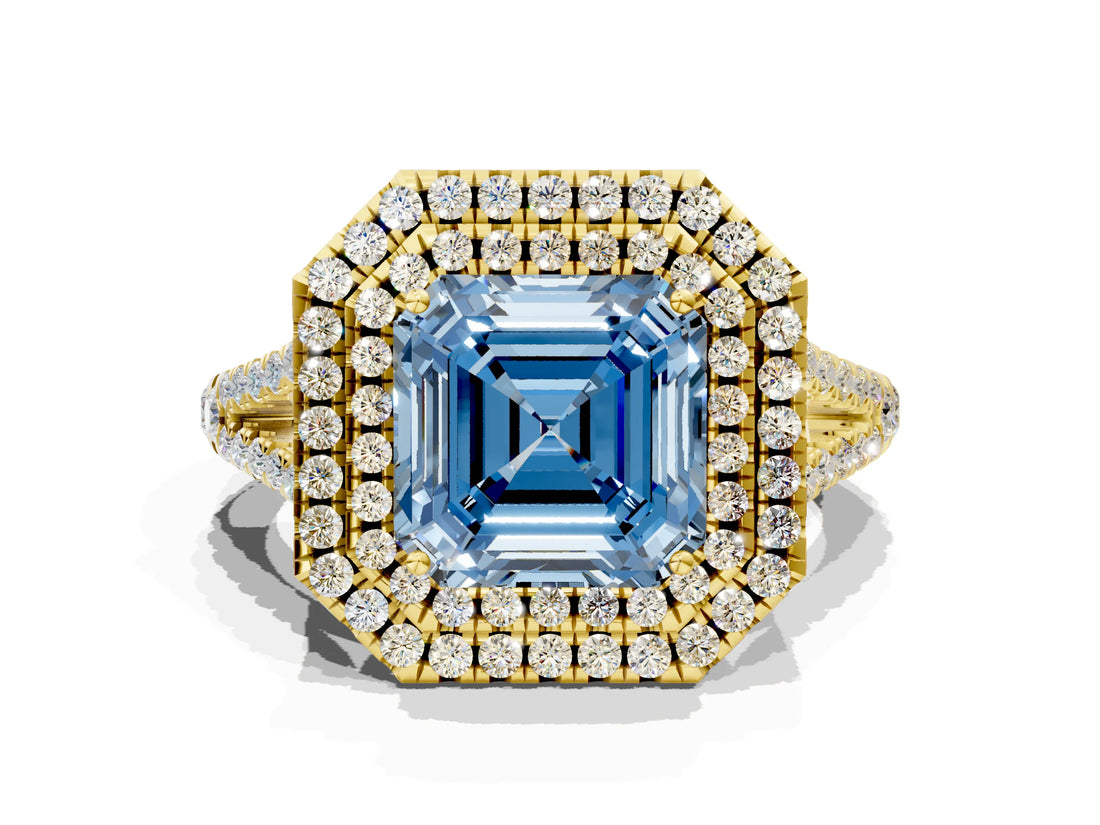 Yellow gold Fancy Blue Asscher Cut Diamond Double Halo Ring with Pavé Band and Prong Setting_22