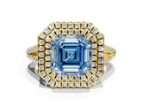 Yellow gold Fancy Blue Asscher Cut Diamond Double Halo Ring with Pavé Band and Prong Setting_22