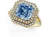 Yellow gold Fancy Blue Asscher Cut Diamond Double Halo Ring with Pavé Band and Prong Setting_23