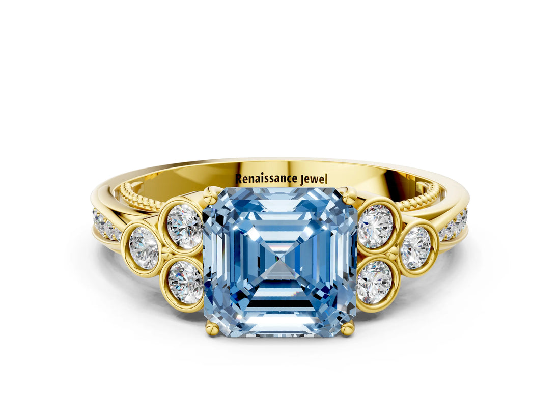 Yellow gold Fancy Blue Asscher  Cut Diamond Engagement Ring with Bezel Set Round Side Stones and Prong Setting_65