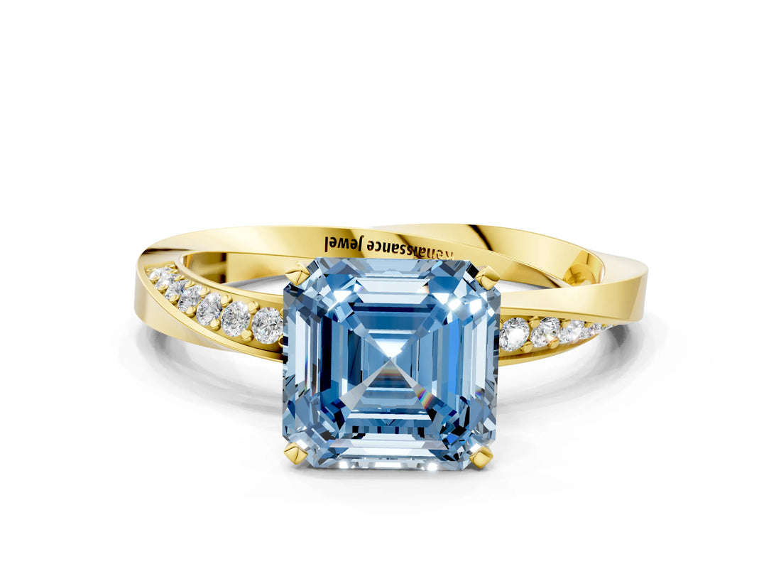 Yellow gold Fancy Blue Asscher Cut Diamond Engagement Ring with Side Stone Accents and Four-Prong Setting_12